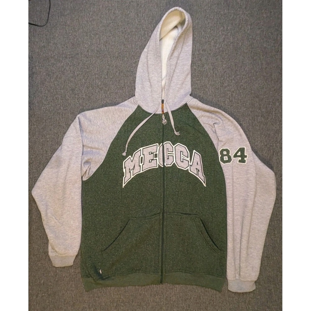 Vintage Mecca Raglan Sleeve Full Zip Logo Hoodie Mens XL Green Gray‎ Jacket